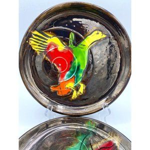 Flying Ducks Hand Painted Glazed Pottery Plates Vintage Condition/One Signed